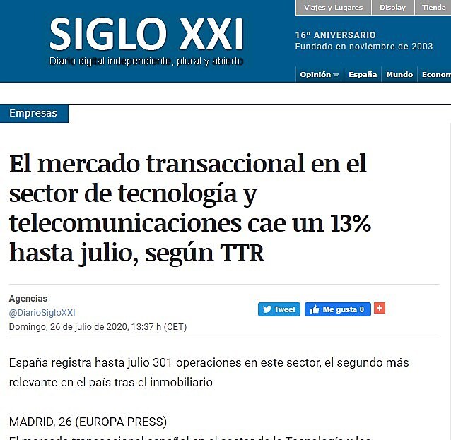 El mercado transaccional en el sector de tecnologa y telecomunicaciones cae un 13% hasta julio, segn TTR